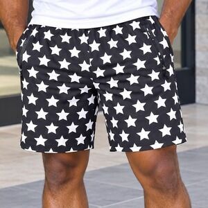 G-NET Mens Black White Star Print Zipper Pocket Casual Shorts 4XL NEW
